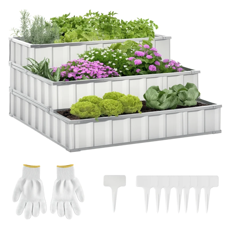 Outsunny 3 Tier Raised Garden Bed Outdoor Metal Patio Planter Box with Gloves, 4' x 4' x 2' for Backyard, Patio to Grow Vegetables, Herbs, and Flowers, White
