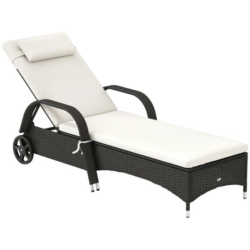 Outsunny Outdoor Chaise Lounge, 5-Level Adjustable Backrest Rattan Pool Lounge Chair with Wheels, Cushion & Headrest, Cream