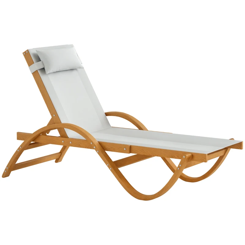 Outsunny Larch Wood Lounge Chair, 4-Level Adjustable Tanning Chair, Full Flat Patio Lounger with Mesh Seat, Cream White