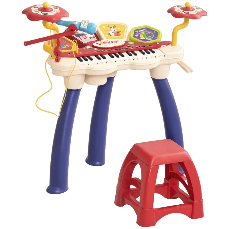 Qaba 2 in 1 Kids Piano Keyboard Drum Set with Sounds, Lights, Microphone, Stool