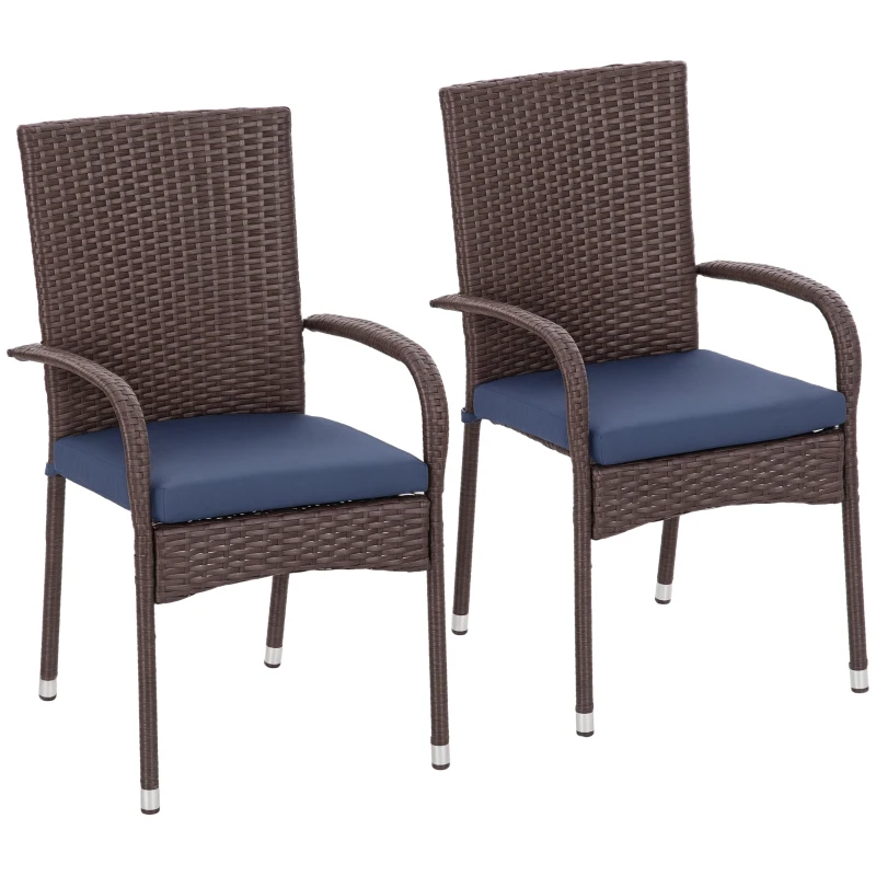 Outsunny Stackable PE Rattan Outdoor Dining Chairs with Cushion, Patio Wicker Dining Chair with Armrests & Backrest, Blue