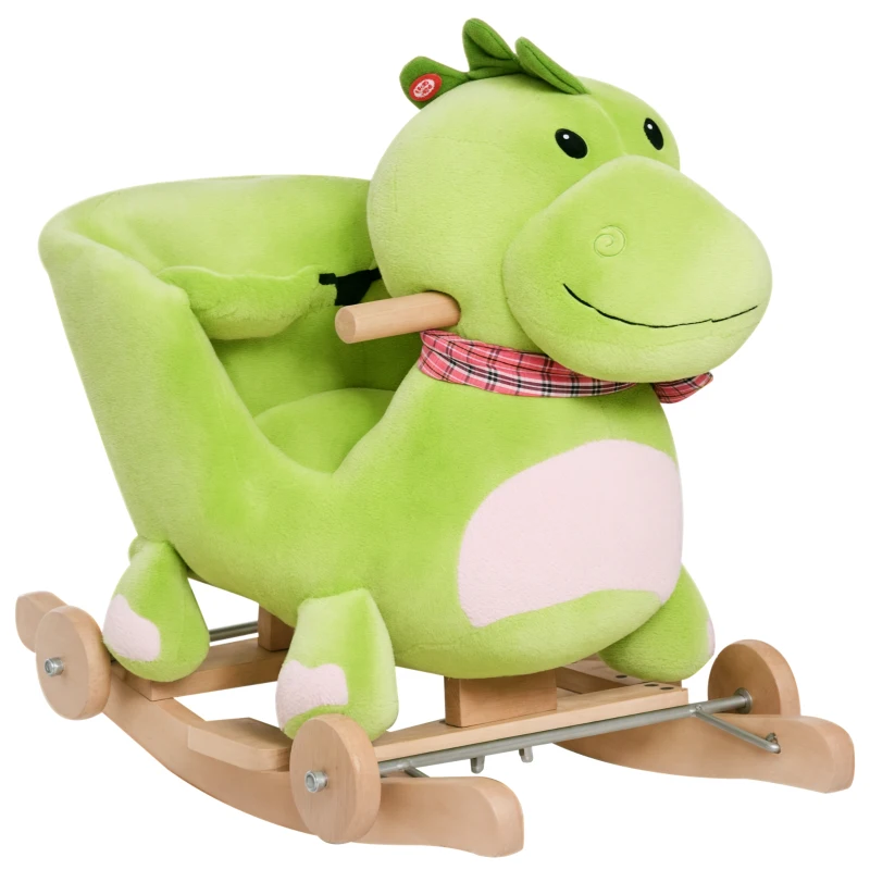 Qaba Baby Rocking horse Kids Interactive 2-in-1 Plush Ride-On Toys Stroller Rocking Dinosaur with Wheels and Nursery Song
