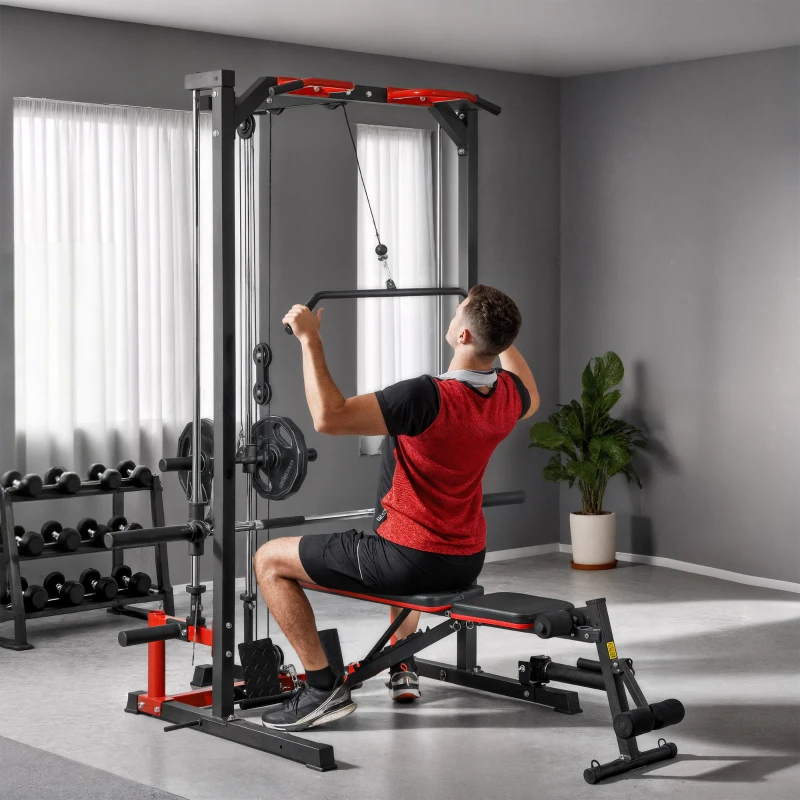 Soozier Smith Machine Power Rack with Pull Up Bar, Lat Pull Down System, Landmine, Squat Rack, Barbell Bar, for Home Gym