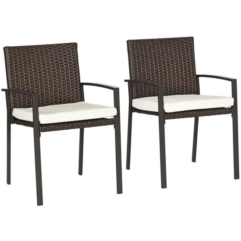 Outsunny PE Rattan Outdoor Dining Chair Set with Cushion, 2 Patio Wicker Dining Chairs with Backrest, Cream White