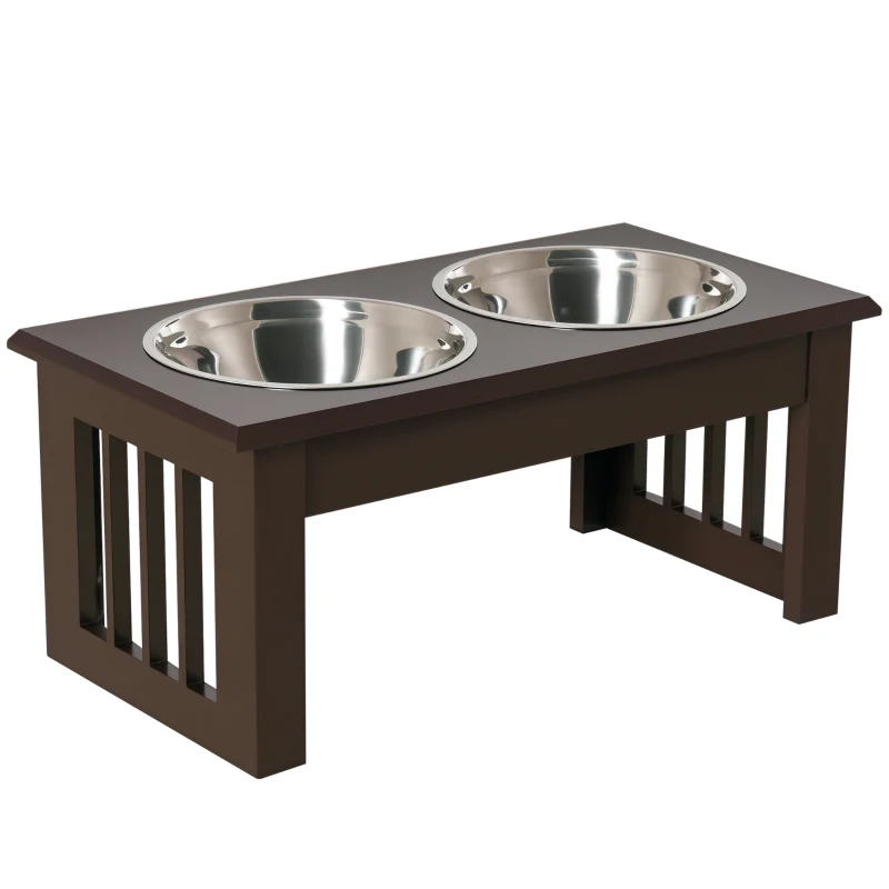 PawHut 6" Height Small Puppy Dog Feeding Station for Messy Pets, Stainless Steel Elevated Dog Bowls with Modern Wooden Frame, Dog Food Stand Pet Feeding Station, Dark Brown