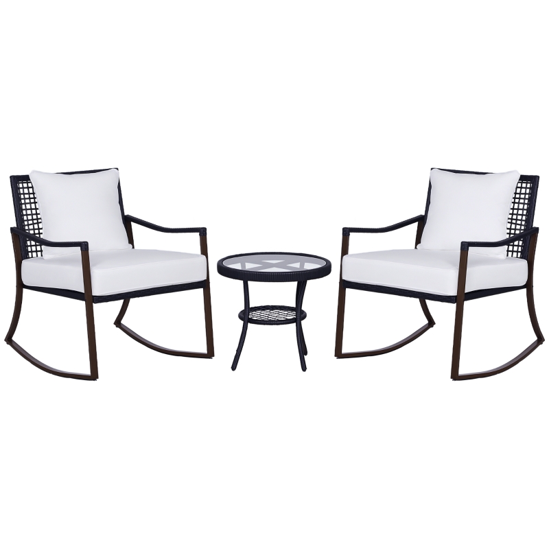 Outsunny 3 Piece Patio Rocking Bistro Set, Outdoor PE Rattan Wicker Rocking Chairs with Cushioned, Pillows, Two-Tier Glass Storage Shelf Coffee Table, Cream White