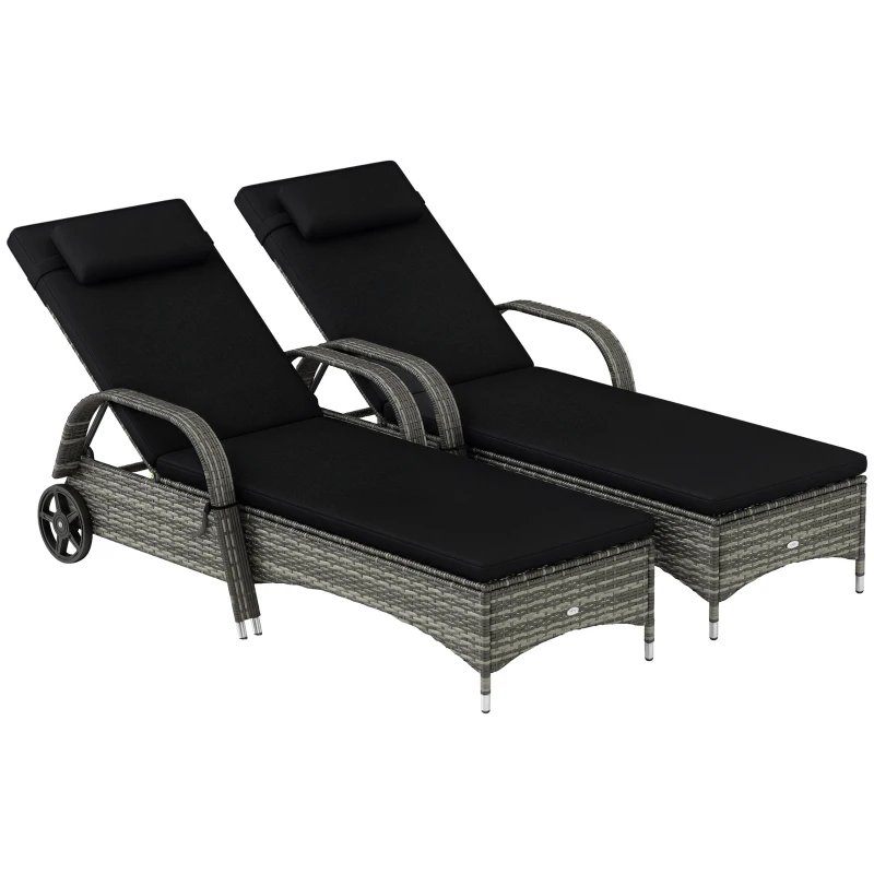 Outsunny 2 Reclining Chaise Lounge Chairs, Rolling Outdoor Chairs with Cushion, Pillow, Headrest, Armrests, and Wheels, Black
