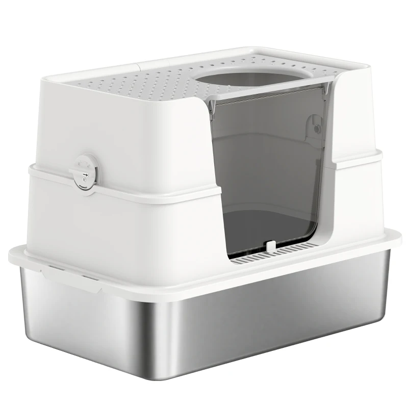 PawHut XL Stainless Steel Litter Box w/ 100° Flip Top, Scoop, Side Top Dual Entry, Odor Free, Easy Cleaning, Anti Leakage