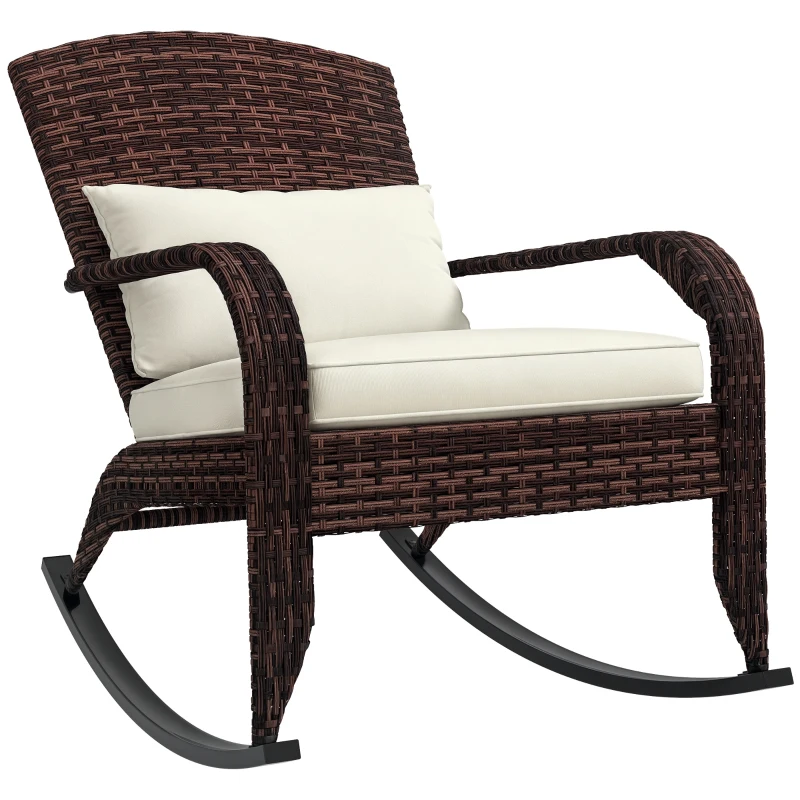 Outsunny Adirondack Chair, Outdoor Wicker Rocking Chair with High Back, Seat Cushion, and Pillow for Porch, Balcony, Cream White