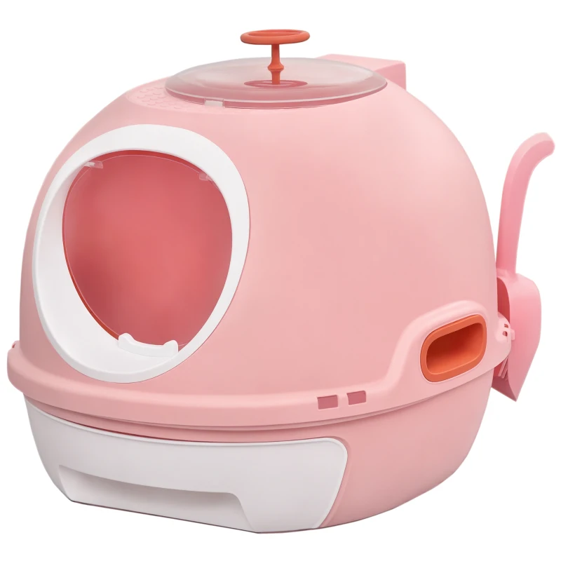PawHut Cat Litter Box Toilet with Lid, Covered Litter Box with Scoop, Enclosed Drawer, and Skylight, Pink