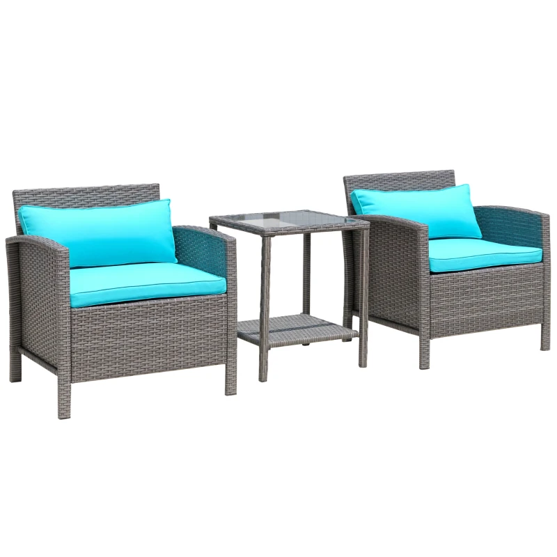 Outsunny 3 Piece Patio Furniture Set w/ Cushions, PE Rattan Outdoor Table And Chairs, 2-Tier Glass Top Coffee Table, Green