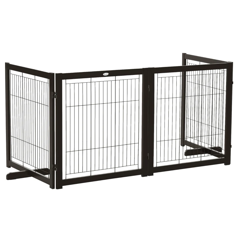PawHut Wooden Dog Gate for Small & Medium Dogs 4 Panel w/ Support Feet Foldable Pet Fence for House Doorway Coffee