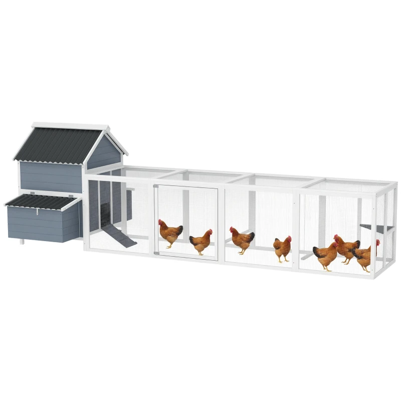 PawHut 156" Extra Large Wooden Chicken Coop with 2 Nesting Box, Run Cage, Waterproof Wave Roof, for 10-15 Chickens, Light Gray