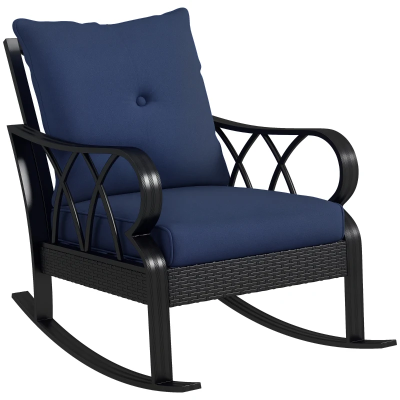 Outsunny Outdoor Wicker Rocking Chair with Padded Cushions, Aluminum Furniture, Rattan Porch Rocker Chair w/ Armrest, Navy Blue