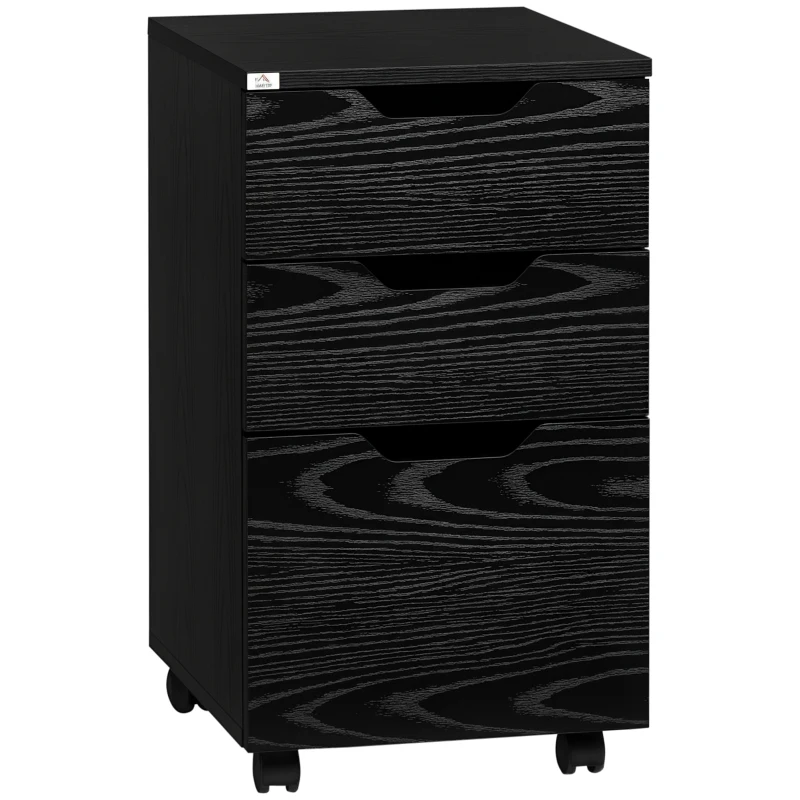 HOMCOM 3 Drawer Mobile File Cabinet, Rolling Printer Stand, Vertical Filing Cabinet, Black Wood Grain