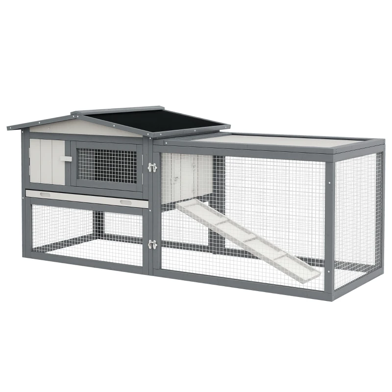 PawHut Large Rabbit Cage Outdoor 61"L Guinea Pig Hutch w/ Run Feeding Trough Removable Tray Ramp Asphalt Roof, White