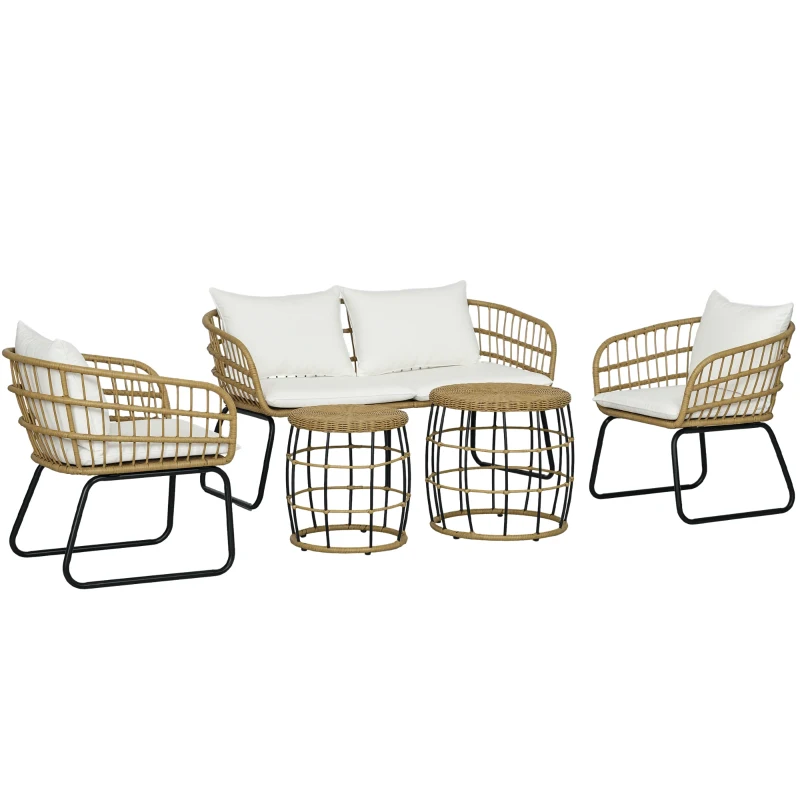 Outsunny 5 Piece PE Rattan Outdoor Furniture Set with Cushioned Chairs, Loveseat Sofa & Stackable Coffee Tables, Cream White