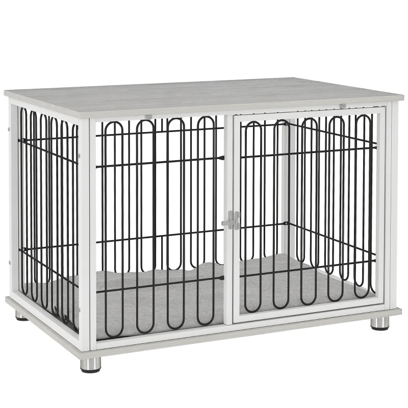 PawHut Dog Crate Furniture with Washable Cushion, Adjustable Feet for Medium Dogs, Indoor Use, Grey