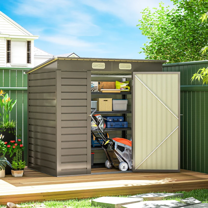 Outsunny 6 x 4FT Galvanized Garden Storage Shed, Metal Outdoor Shed with Double Doors and 2 Vents, Light Grey