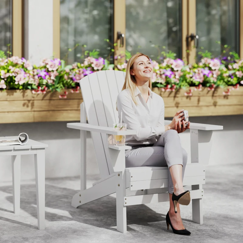 Outsunny Classic Adirondack Chair Muskoka Chair, Garden Deck Chair with Cup Holder for Patio, Indoor, Backyard, White