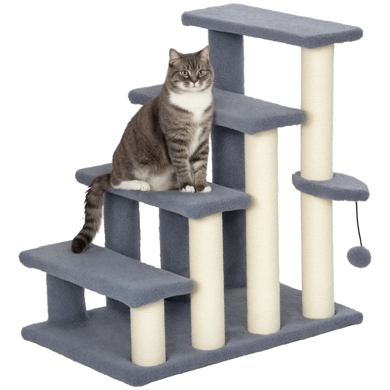 PawHut 4 Levels Cat Steps with Scratching Posts for High Bed, Sofa, Gray