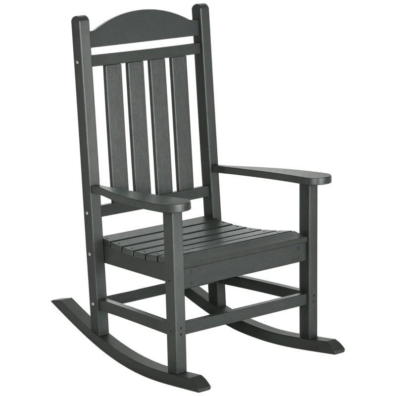 Outsunny HDPE Porch Rocker Chair, Outdoor Rocking Chair with High Back, Arms, Slatted Design, for Indoor and Outdoor, Dark Gray