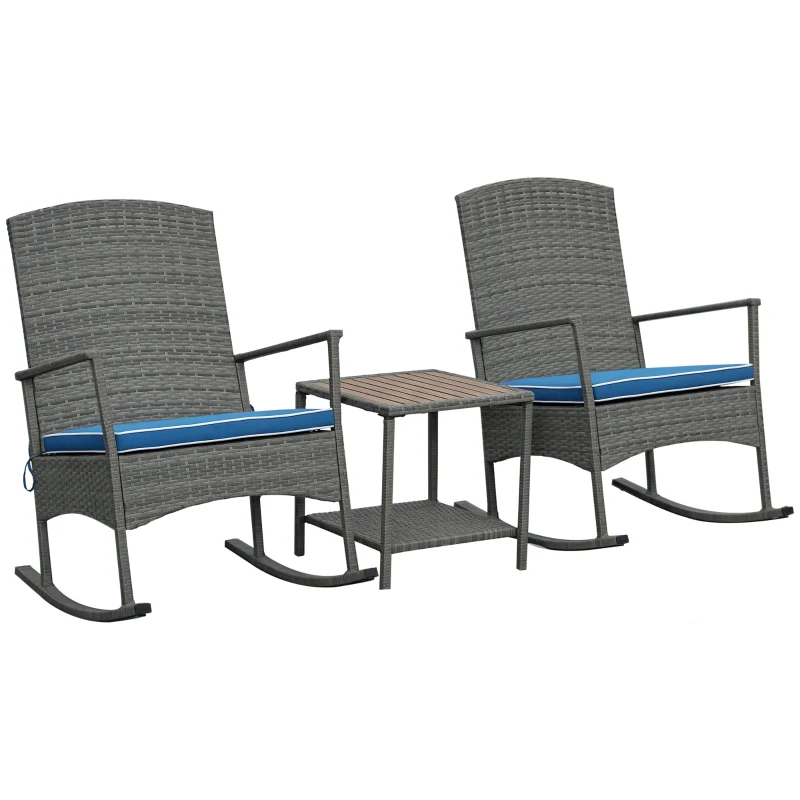 Outsunny 3 Piece Patio Rocking Chair Set, 2 PE Wicker Rocking Chairs, Cushioned, 1 Two-Tier Wood Slat Coffee Table, Rattan Front Porch Furniture, Blue