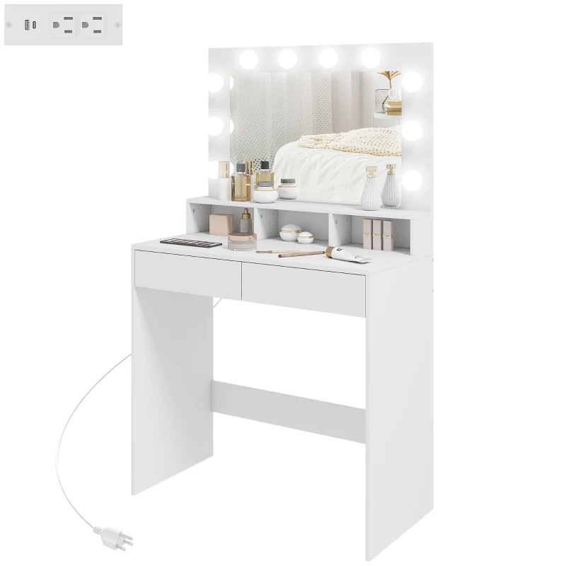 HOMCOM Vanity Table, Makeup Dressing Table with LED Lighting Mirror, Charging Station and Drawers for Bedroom, White