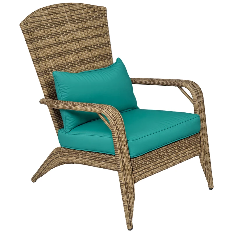 Outsunny Patio Adirondack Chair with Rattan Wicker, Soft Cushions, Tall Curved Backrest for Deck or Garden, Sky Blue