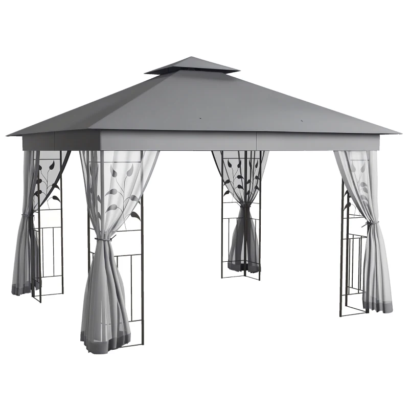 Outsunny 10' x 11.5' Metal Patio Gazebo, Double Roof Outdoor Gazebo Canopy Shelter w/Tree Motifs Corner Frame and Netting, Gray