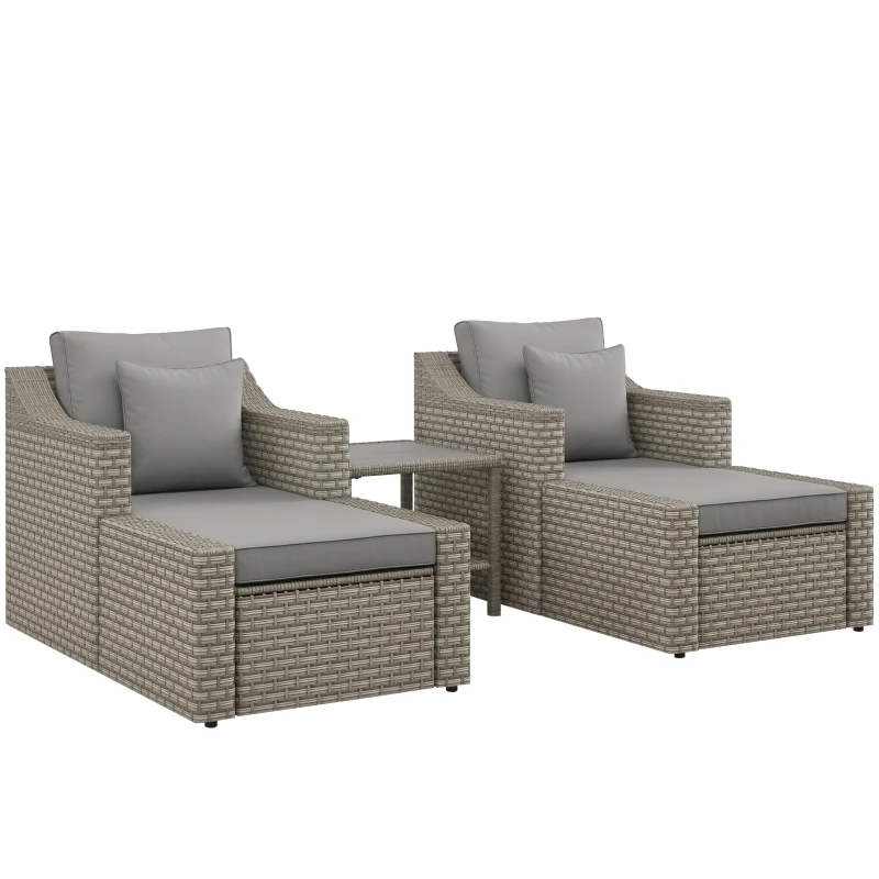 Outsunny 5pc Patio Furniture Set, All Weather PE Rattan Conversation Chair and Ottoman Set w/ Table, Cushion Pillows, Gray