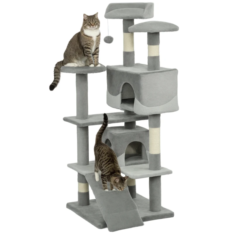 PawHut 53" Cat Tree Scratching Large Kitten Play House Multi-Level Activity Center Pet Furniture, Grey