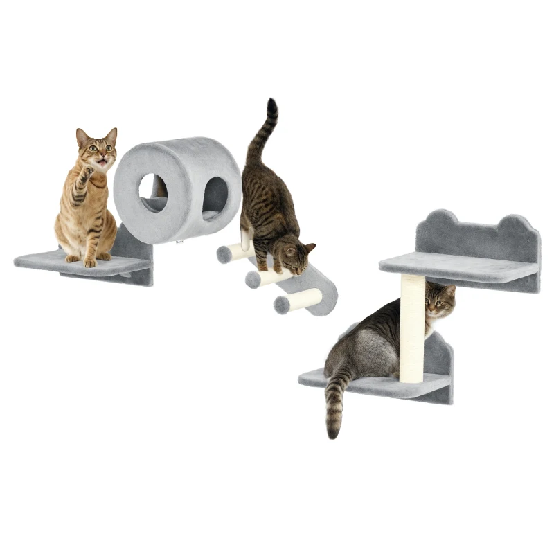 PawHut Cat Wall Shelves, 4 Pcs Cat Wall Furniture, Gray