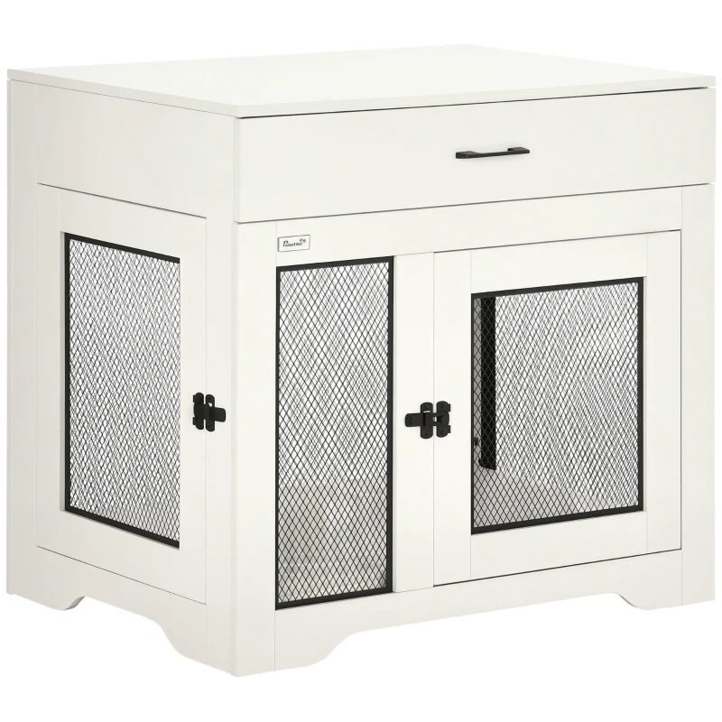 PawHut Dog Crate Furniture with Soft Water-Resistant Cushion, Dog Kennel End Table with Drawer, Puppy Crate for Small Dogs Indoor with 2 Doors, White