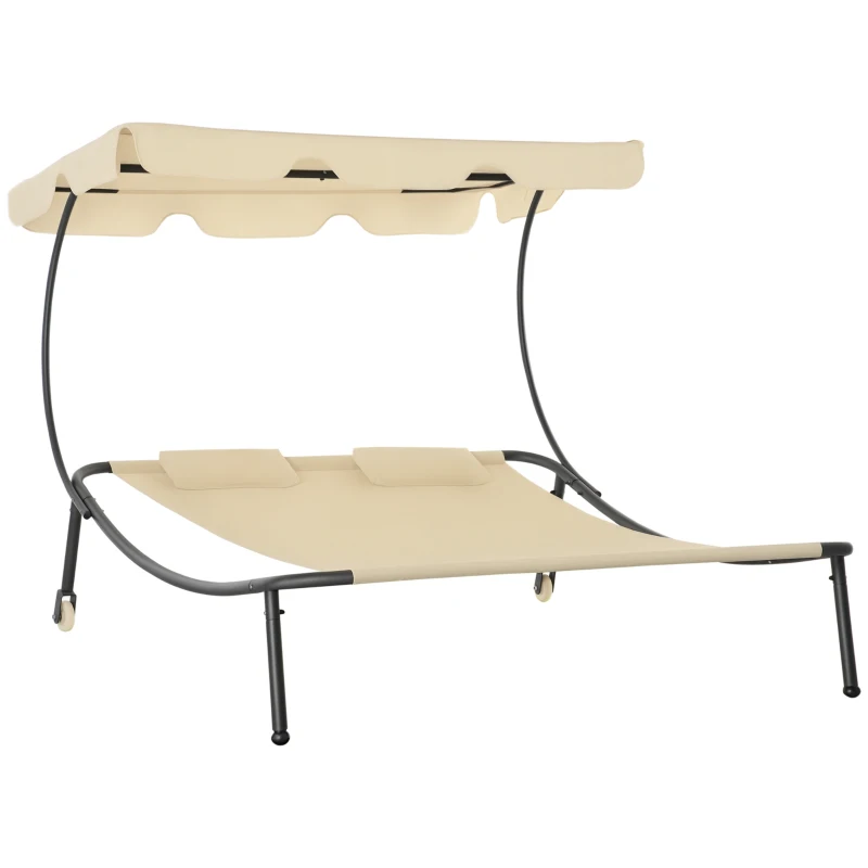 Outsunny Patio Double Chaise Lounge Chair, Outdoor Wheeled Hammock Daybed with Adjustable Canopy and Pillow for Sun Room, Garden, or Poolside, Beige