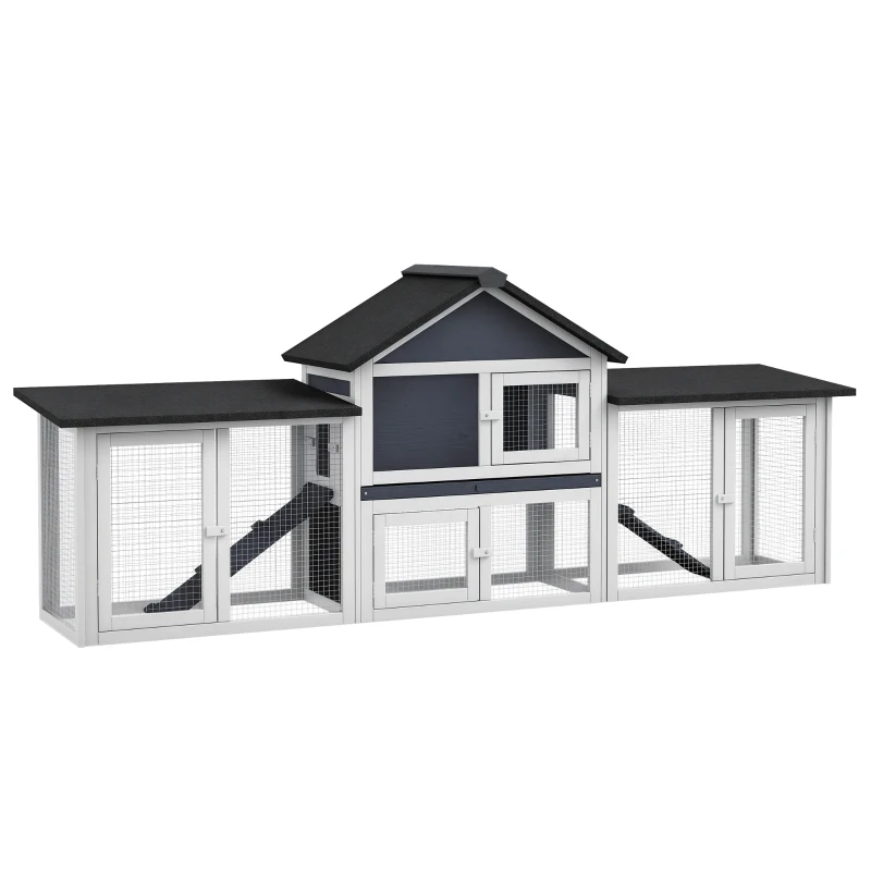 PawHut Outdoor Rabbit House 83" 2 Story Deluxe XL Wooden Rabbit Hutch, Big Bunny Cage w/ Ladder and Run, Dark Gray