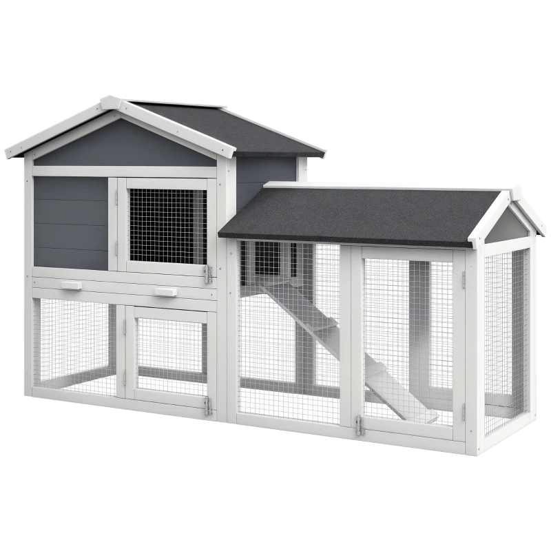 PawHut 58" Wooden Rabbit Hutch with Run, Removable Tray, Asphalt Roof,  Lockable Doors and Ramp, Gray