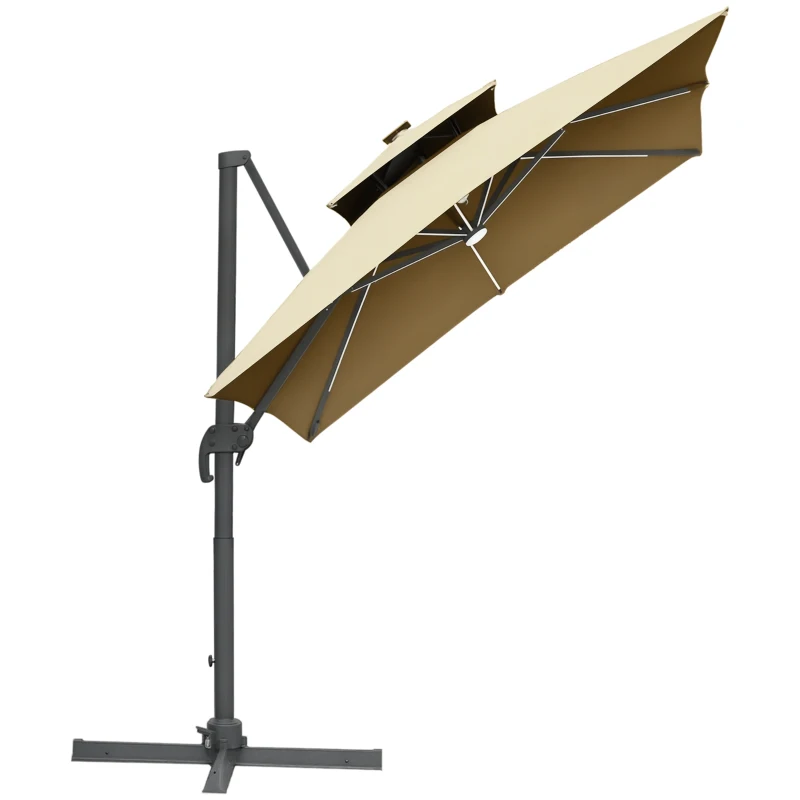Outsunny 10ft. Solar LED Cantilever Umbrella, Offset Hanging Umbrella with 360°Rotation, Cross Base, 8 Ribs, Tilt and Crank for Yard, Khaki
