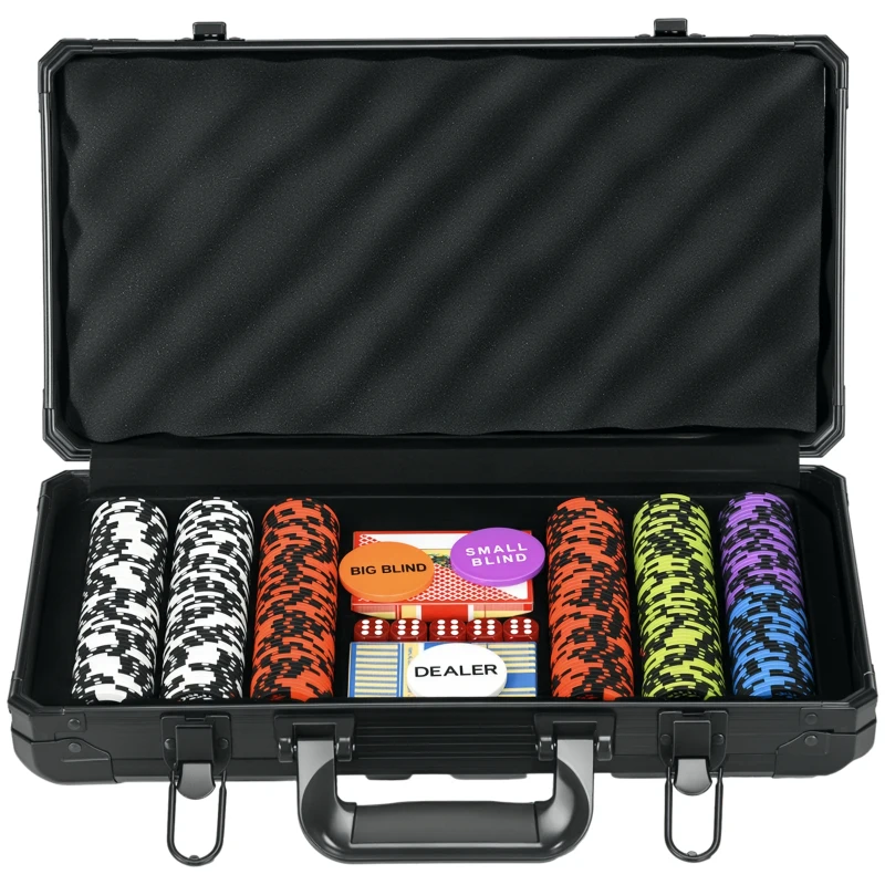 Soozier 300PCs 14 Gram Clay Poker Chips Set Casino Poker Chips with Aluminum Case, Playing Cards, Dealer Button, 5 Dices