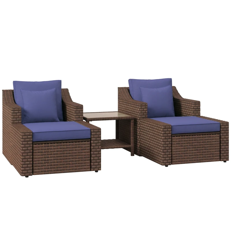 Outsunny 5pc Patio Furniture Set, All Weather PE Rattan Conversation Chair and Ottoman Set w/ Table, Cushion Pillows, Blue