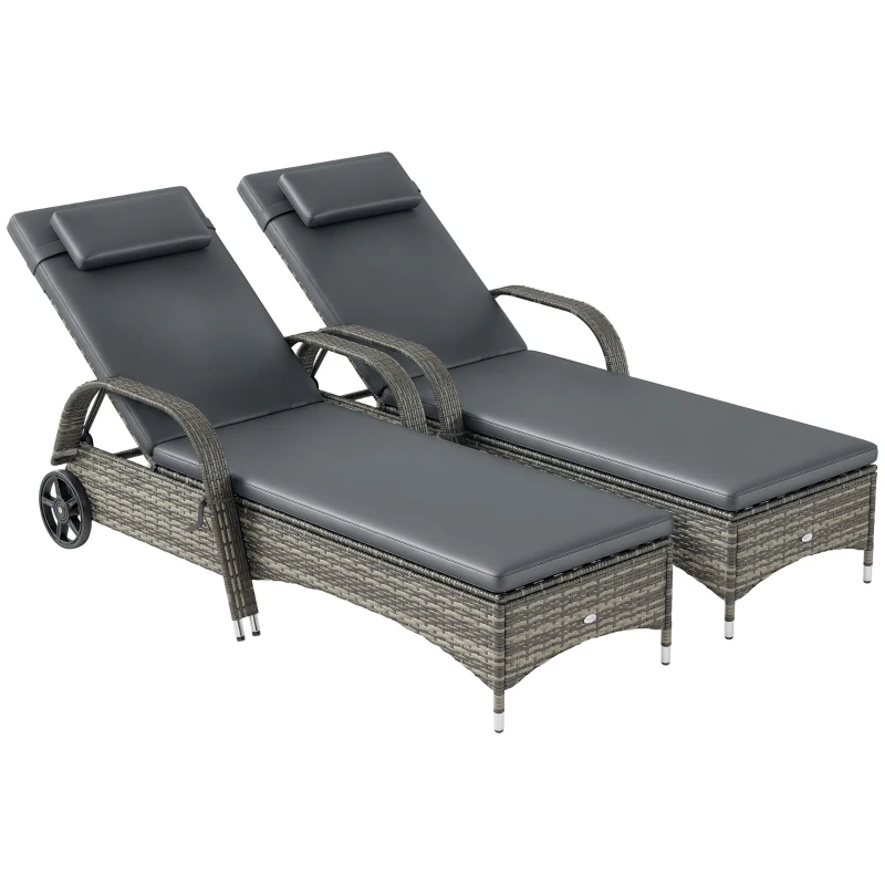 Outsunny 2 Reclining Chaise Lounge Chairs, Rolling Outdoor Chairs with Cushion, Pillow, Headrest, Armrests, and Wheels, Gray