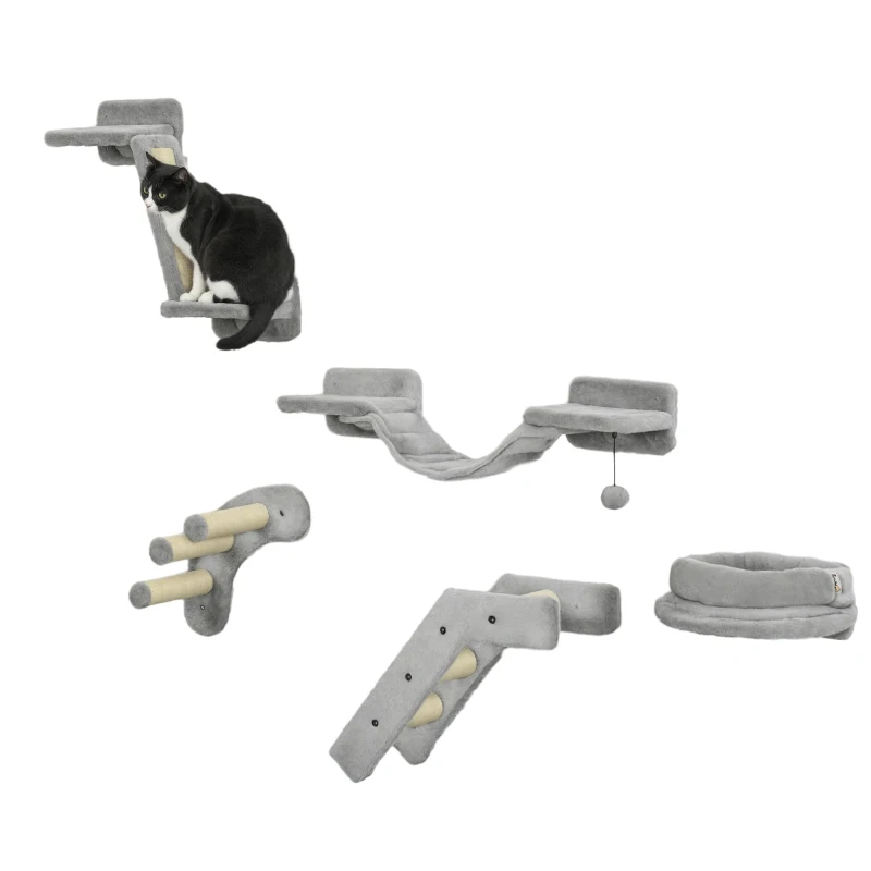 PawHut 5PCs Cat Wall Shelves with Steps, Perches, Ladders, Platforms, Gray
