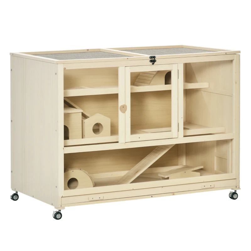 PawHut Wooden Hamster Cage, 3 Tier Rat Cage with Openable Roof, Run, Ladders, Run, Ladders, Wheels, Tray, Natural Wood