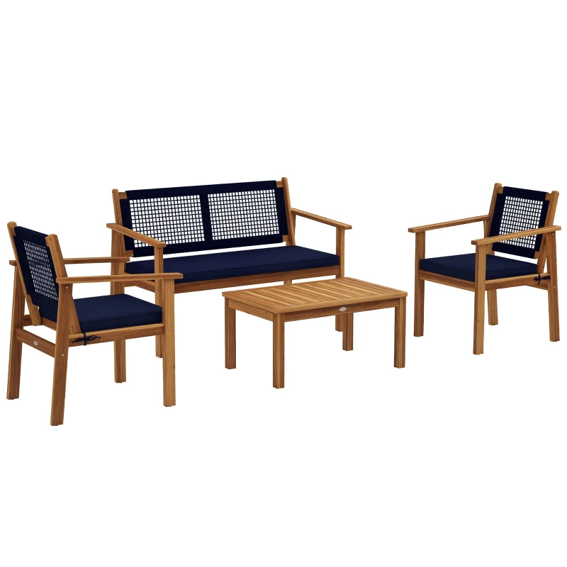 Outsunny 4 Piece Patio Sofa Set, Acacia Wood Outdoor Furniture with Cushions, Slatted Wood Top Coffee Table, Blue