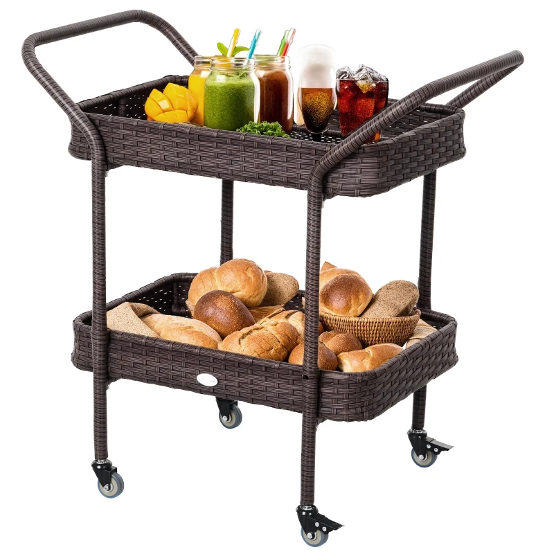 Outsunny PE Rattan Outdoor Bar Table, Outdoor Kitchen Island with 2-Tier Shelf, Wheeled Patio Serving Cart with Brakes for Poolside, Garden, Brown