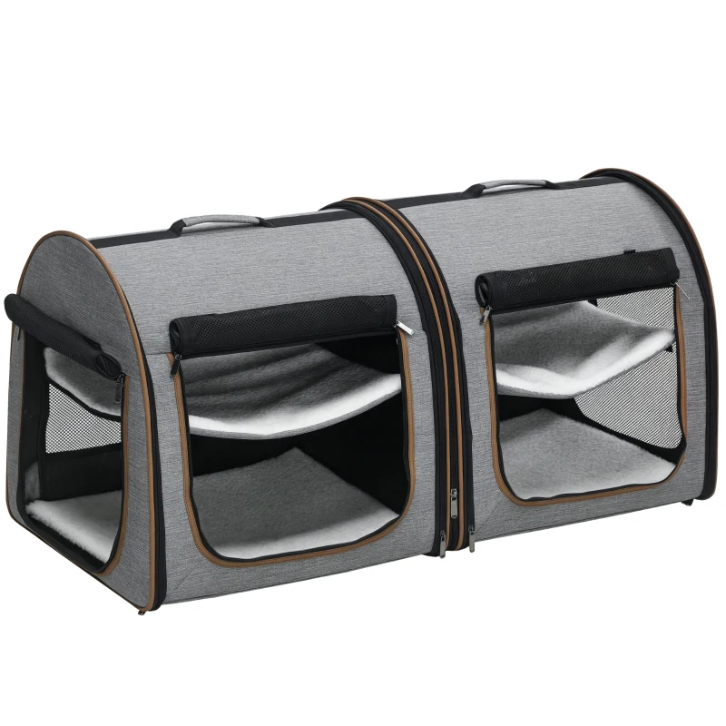 PawHut 39" Portable Soft-Sided Cat Carrier, Cat Kennel, Travel Dog Crate with Divider, Two Compartments, Soft Cushions & Storage Bag, Easy to Fold, Light Gray