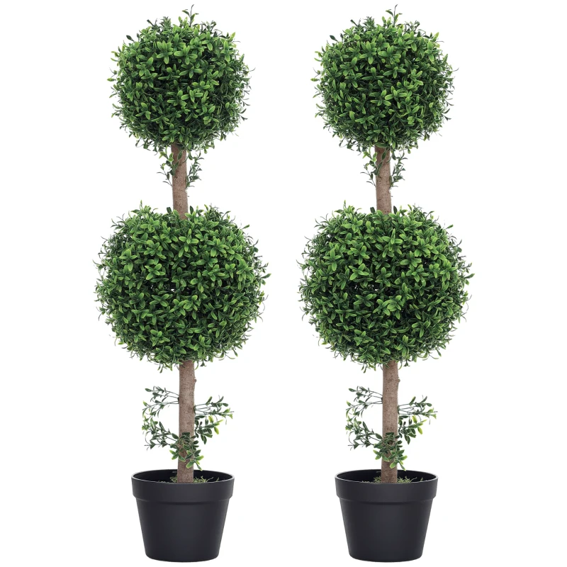 HOMCOM Set of 2 Artificial Ball Boxwood Topiary Trees, Fake Plants in Pot for Indoor Outdoor Living Room Green