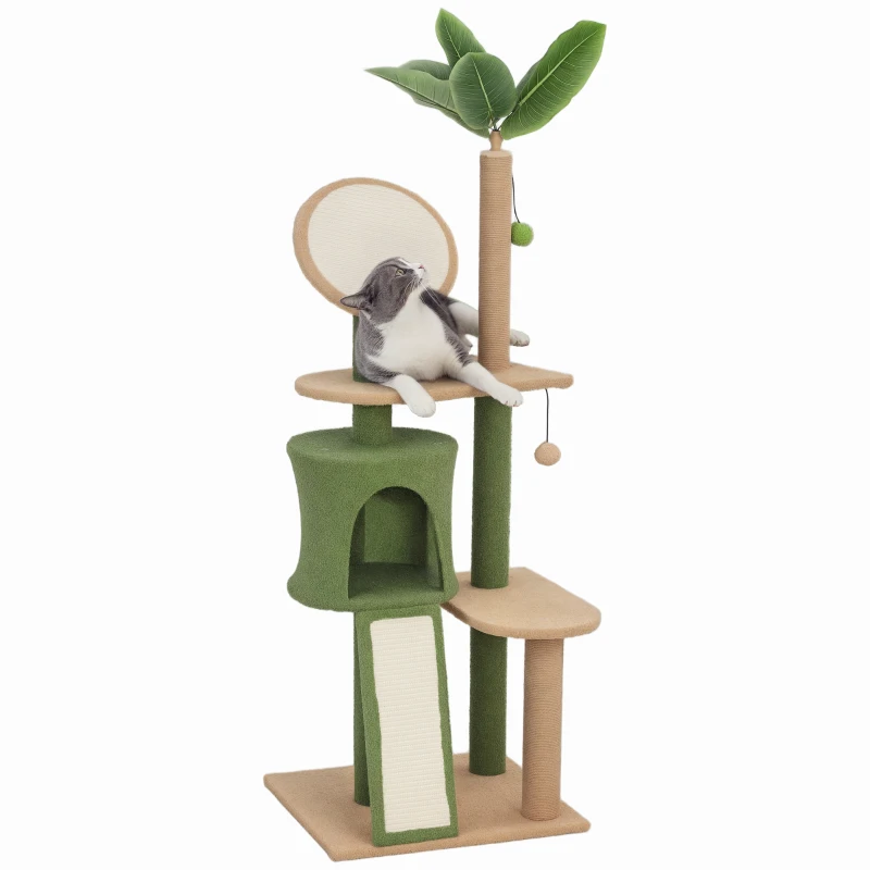 PawHut 55-Inch Cat Tree for Indoor Cat with Green Leaves, Scratching Posts, Cat Condo, Scratching Pad, Ramp, Dangling Balls