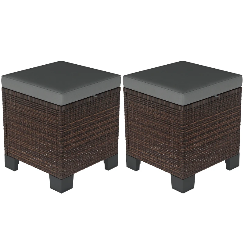 Outsunny 2 Piece Wicker Outdoor Ottomans with Cushions, Rattan Ottoman Footrest and Side Table for Patio, Yard, Poolside, Gray