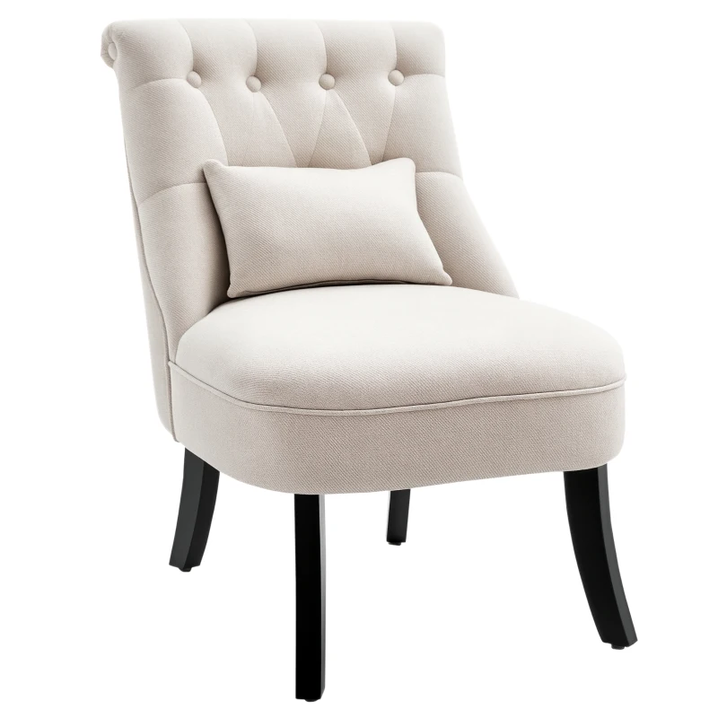 HOMCOM Small Button-Tufted Accent Chair Mid-Back Leisure Armchair with Upholstered Fabric, Solid Wood Legs, and Support Pillow, Beige